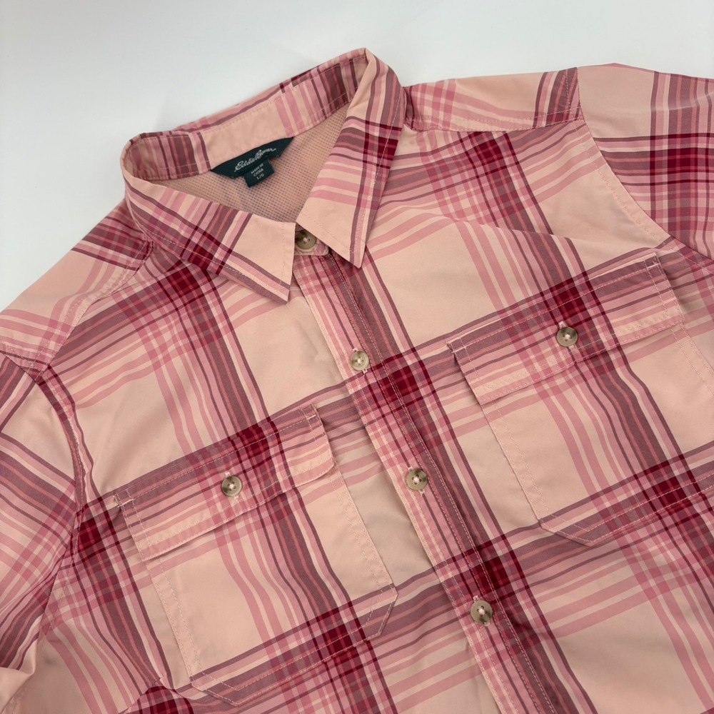 Eddie Bauer Womens Pink Plaid Short Sleeve Button Down Shirt Top  L Dry‎